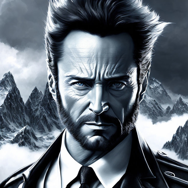 Monochrome digital art of rugged male character with intense eyes, beard, suit, against mountainous backdrop