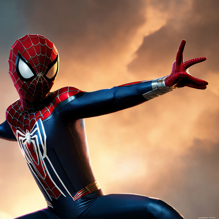 Person in Spider-Man costume poses against dramatic cloudy sky