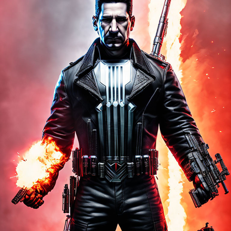 Futuristic warrior in black leather outfit with weapons surrounded by flames