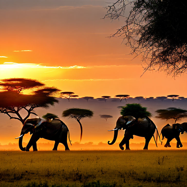 Elephants Walking in Line at Sunset on Savanna