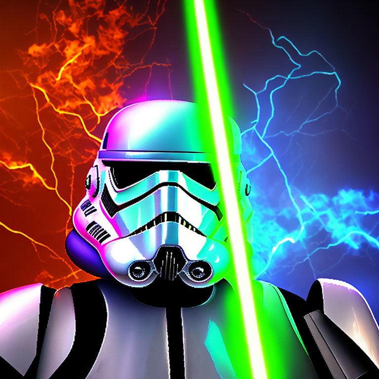 Stormtrooper helmet with green lightsaber beam and lightning backdrop