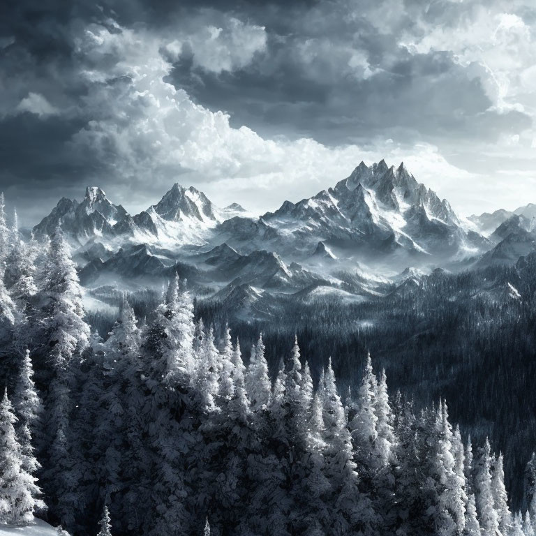 Winter landscape with snow-covered pine trees and rugged mountains under dramatic sky