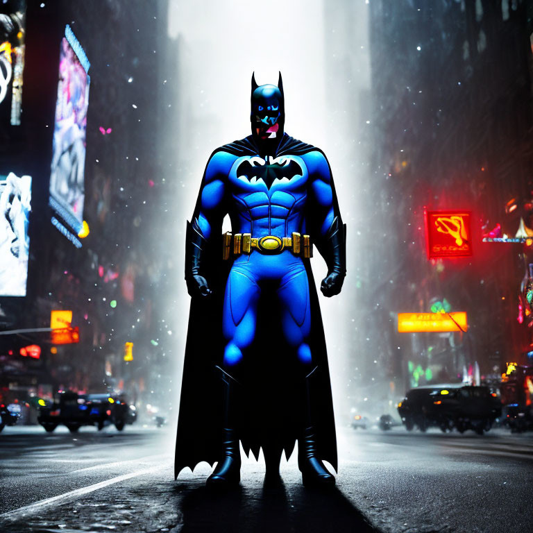 Person in Batman costume in city street with glowing billboards and falling snow