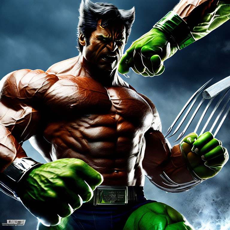 Muscular fictional character with adamantium claws in stormy setting