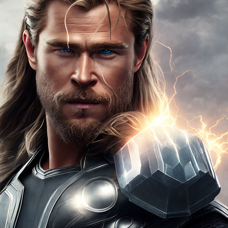 Blonde Male Superhero in Armor with Hammer and Lightning