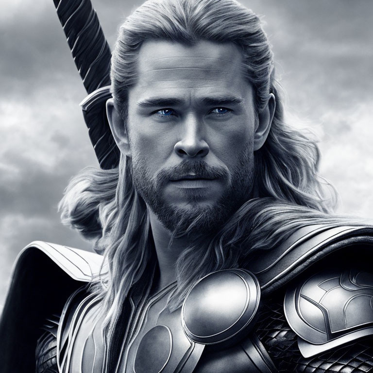 Monochrome illustration of a stern character in armor with long blonde hair