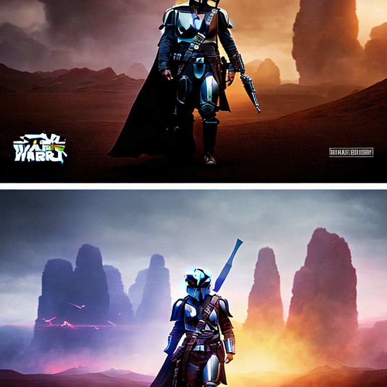 Armored character in sci-fi desert landscape with dramatic lighting