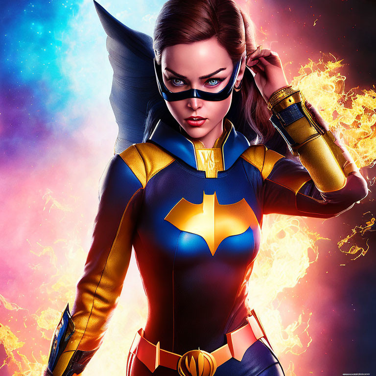 Female superhero in blue and gold costume with bat emblem against fiery backdrop