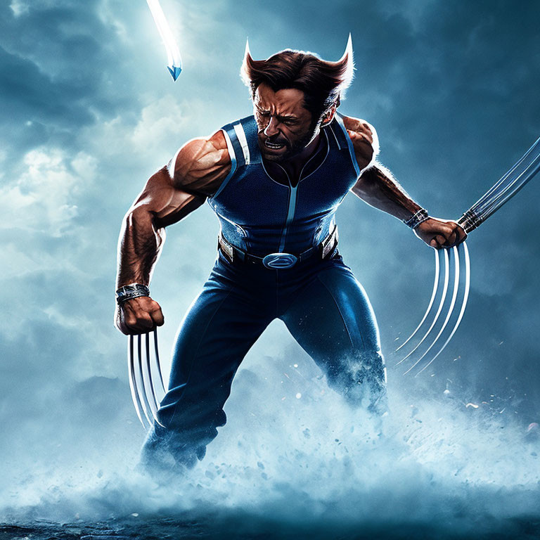 Aggressive Wolverine with extended claws in blue tank top against smoky backdrop