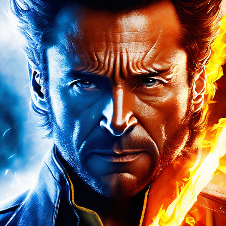 Male character with blue eyes and facial hair against fiery backdrop