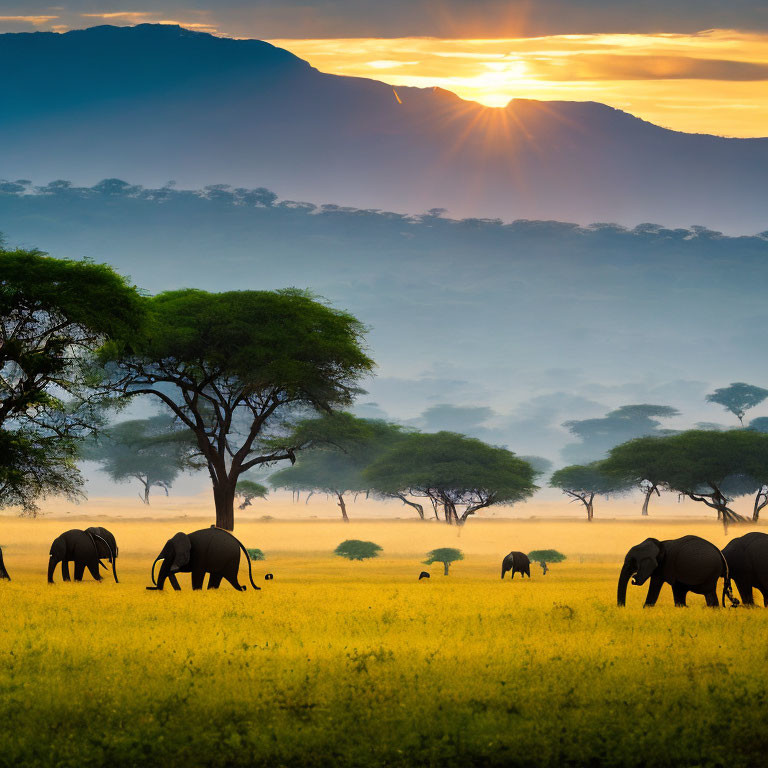 Elephants in savanna with sunrise, mountains, and acacia tree