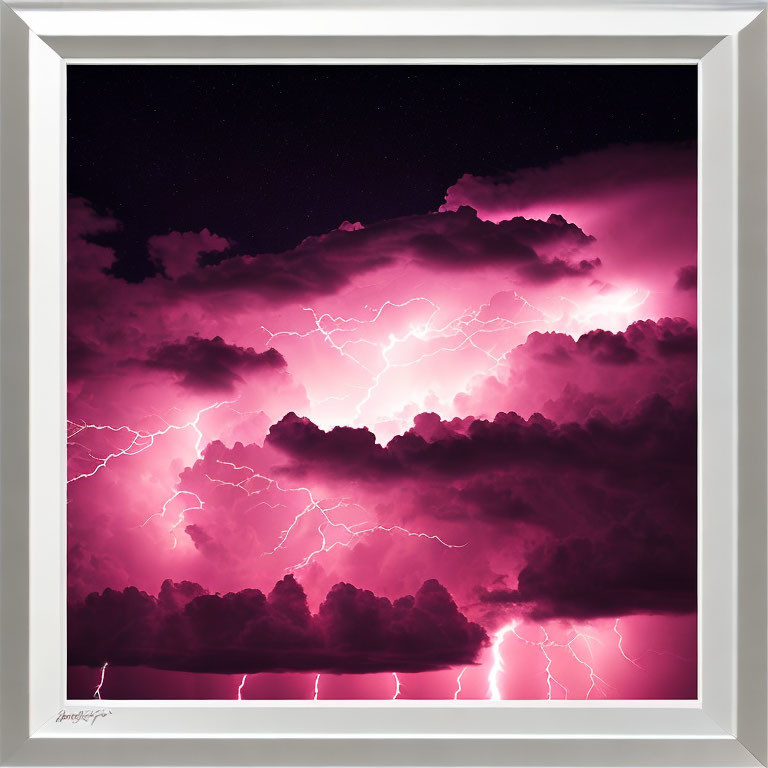 Vibrant pink lightning bolts in dramatic night sky frame