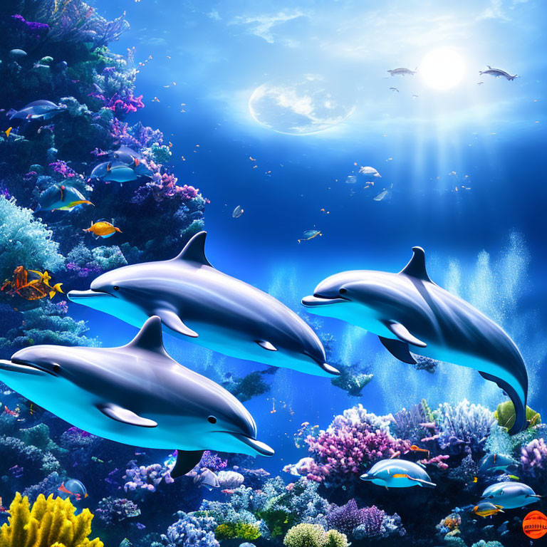 Vibrant coral reef with colorful fish and three dolphins swimming.