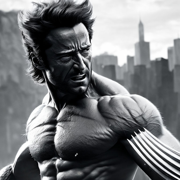 Monochrome illustration of a muscular character with adamantium claws