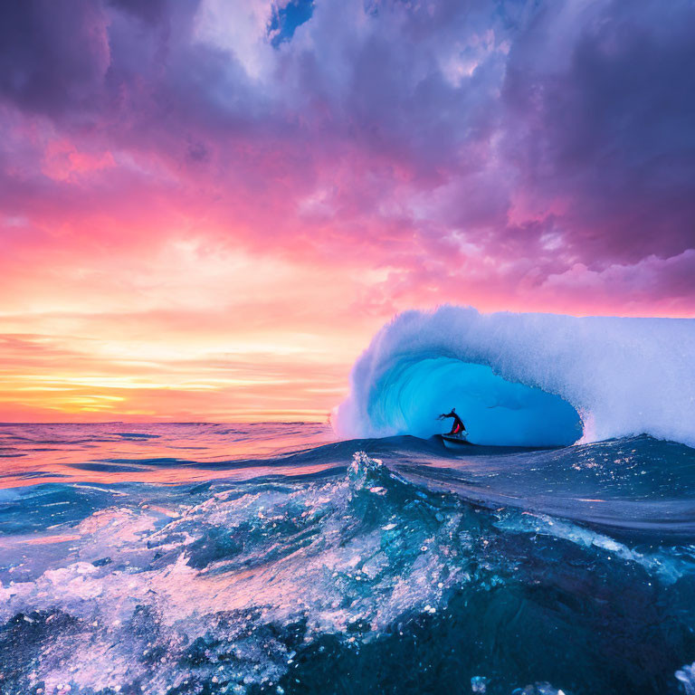 Surfer riding large wave at pink and purple sunset.