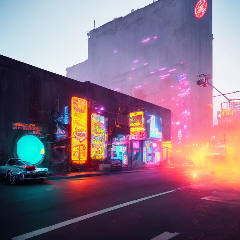 Neon-lit urban street at dusk with classic car and glowing signs