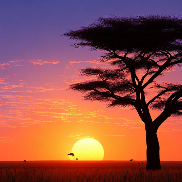 African Savanna Sunset Landscape with Tree Silhouette