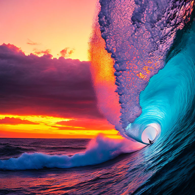 Surfer riding towering wave at vibrant sunset.