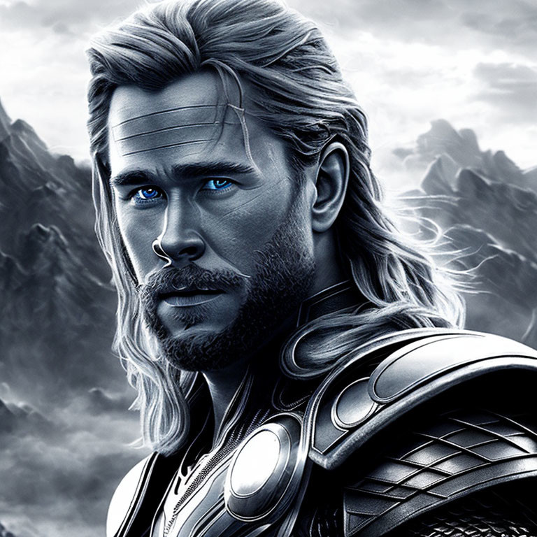 Monochromatic male superhero with long blond hair and futuristic armor on cloudy background