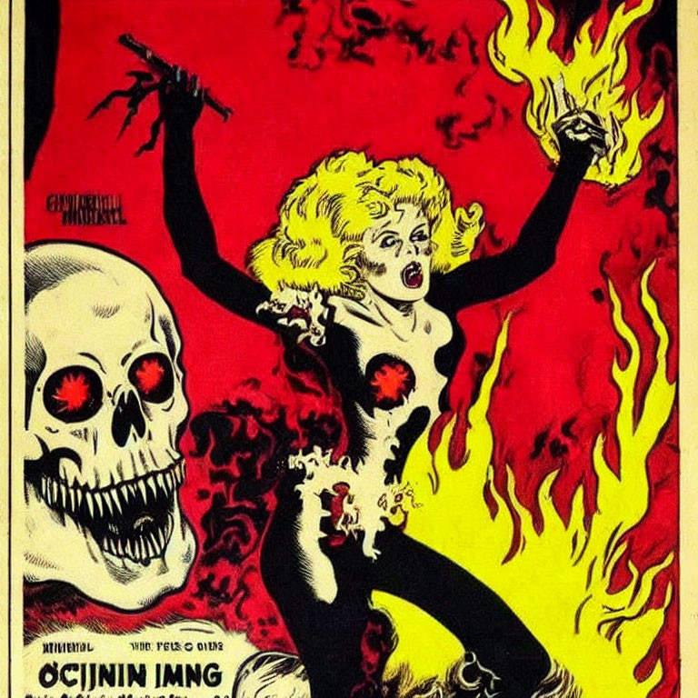 Vintage Comic Cover: Blonde Woman in Flames with Sinister Skull