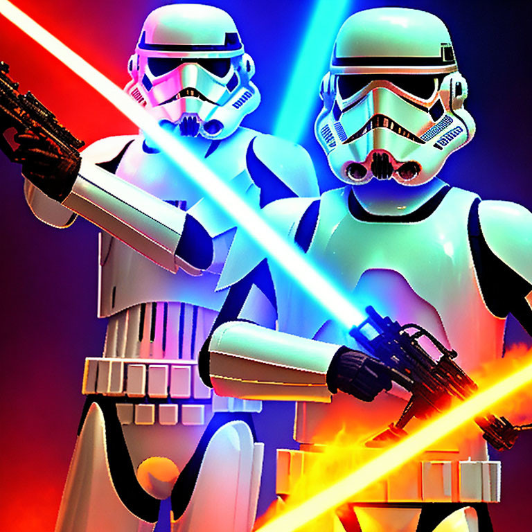 Stormtroopers with blasters and lightsabers on red and blue backdrop