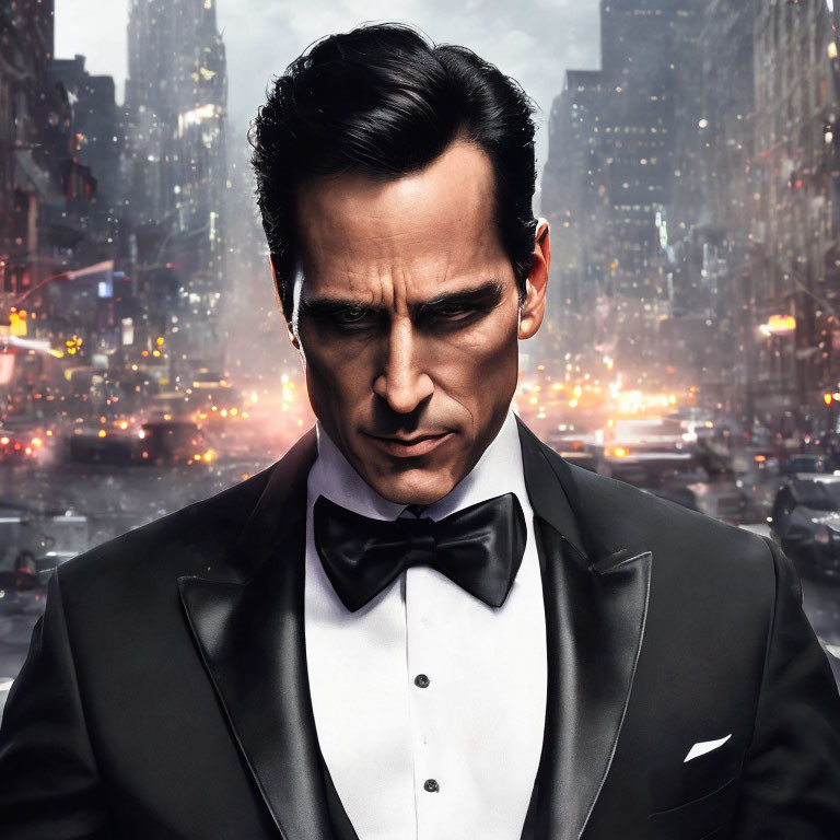 Sophisticated man in black tuxedo against cityscape at night