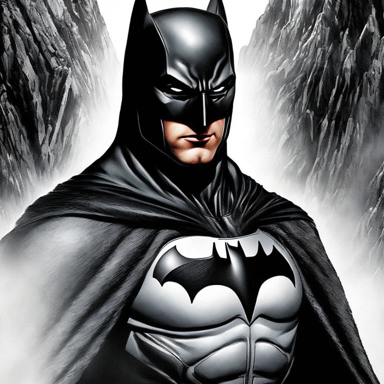 Intense Batman in black costume with bat emblem against stormy landscape