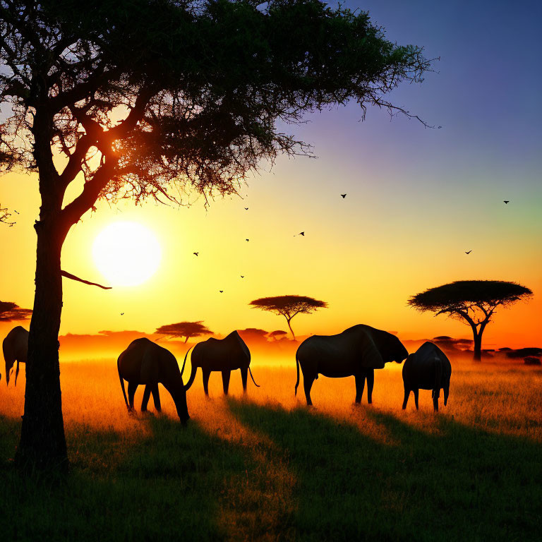 African savanna sunset with elephant silhouettes and lone tree