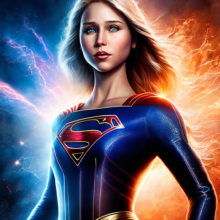 Female superhero in blue and red suit with Superman 'S' logo against fiery lightning backdrop