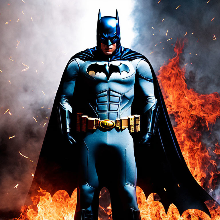 Person in Batman costume with intense gaze in fiery backdrop