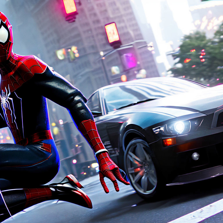 Spider-Man-like character crouching on black sports car in cityscape.