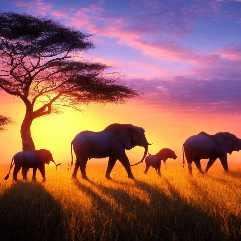 Elephant Family Walking Through Savannah at Sunrise or Sunset