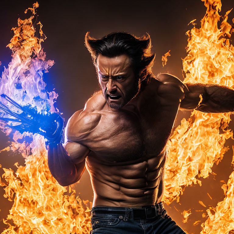 Muscular Figure with Wolverine-Style Claws in Fiery Scene