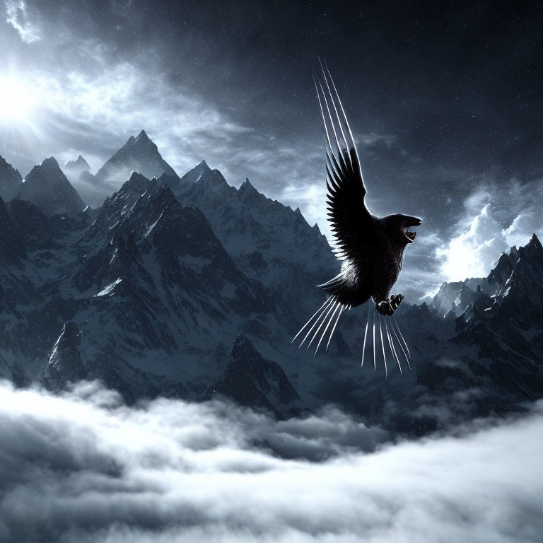 Bird flying over cloud-covered peaks at twilight