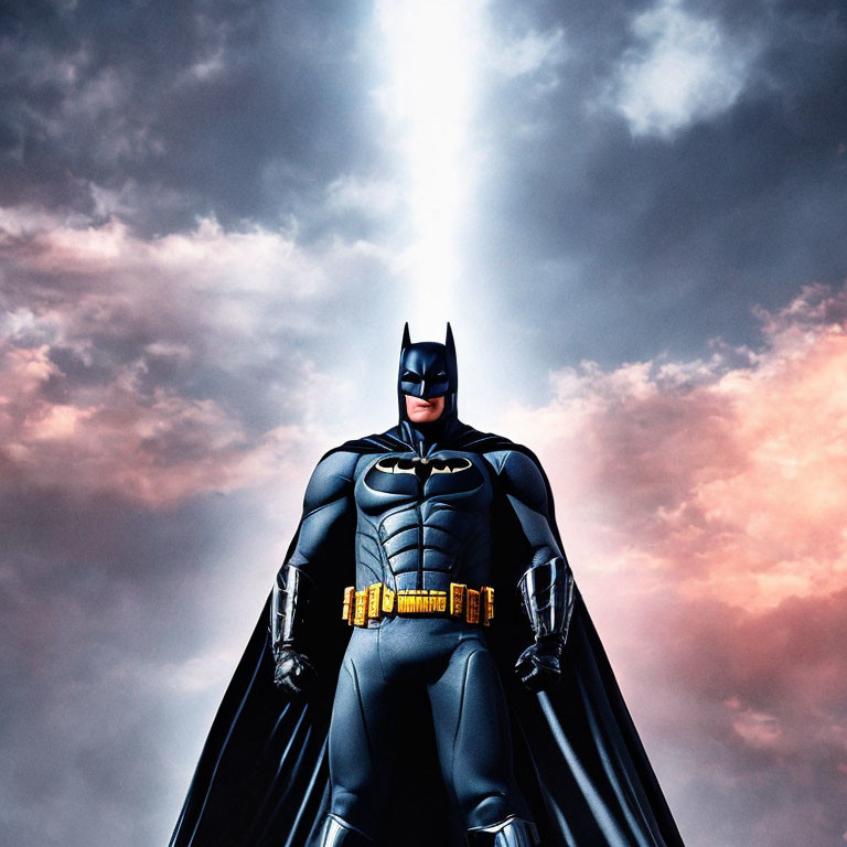 Iconic Batman Suit Under Spotlight with Dramatic Sky