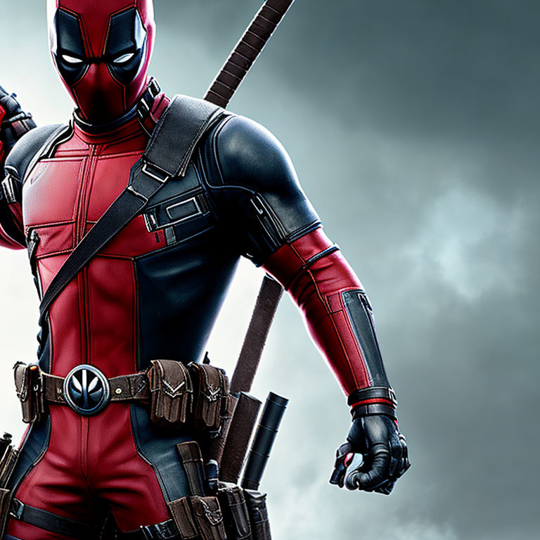 Person in red and black Deadpool costume with katanas under cloudy sky