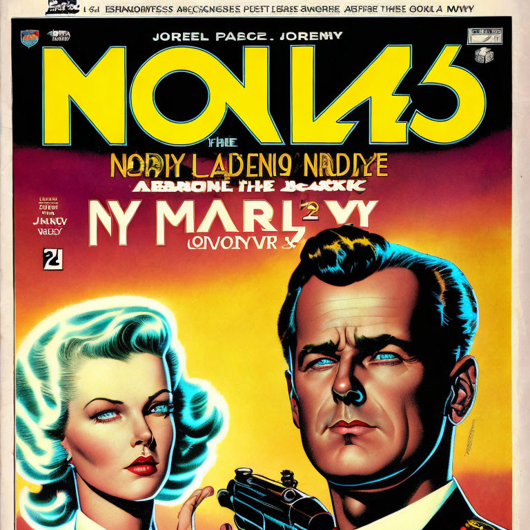 Stylized vintage comic book cover with blonde woman and dark-haired man portraits on yellow background