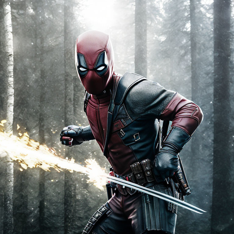 Person in Red and Black Superhero Costume with Swords in Misty Forest Explosion