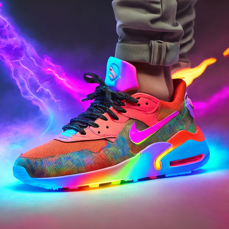 Colorful Neon Sneakers on Feet with Dynamic Lighting Effects