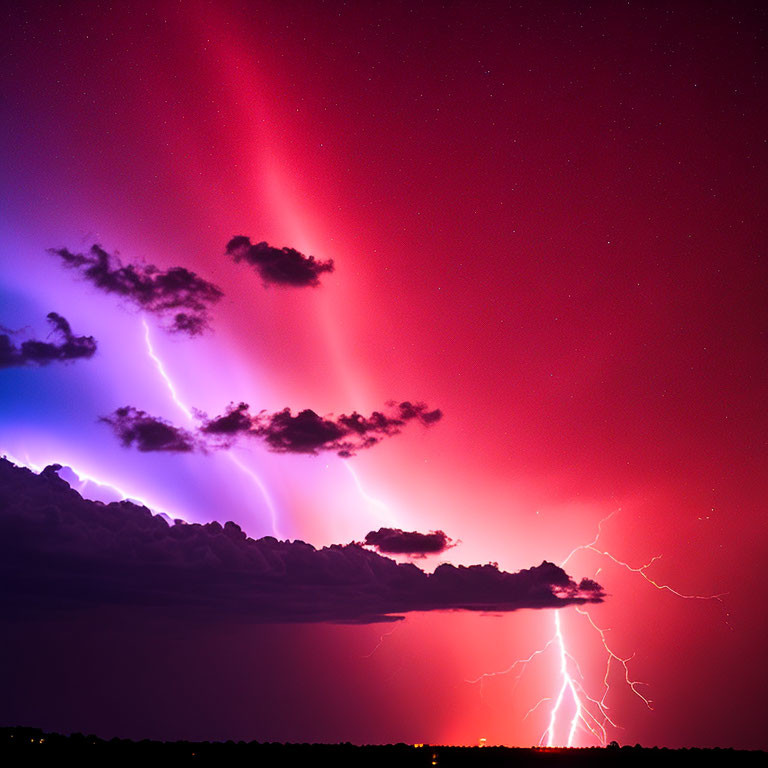 Vibrant Purple and Pink Auroras with Lightning in Night Sky