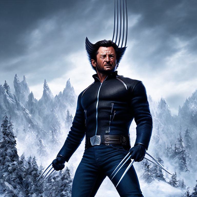 Muscular character with metal claws in snowy mountain landscape