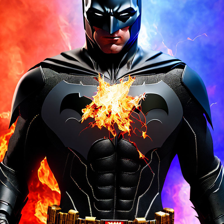 Batman in black and gray suit with burning bat symbol against fiery background.