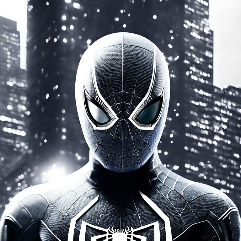 Spider-Man in black suit with white spider emblem against city skyscrapers at night