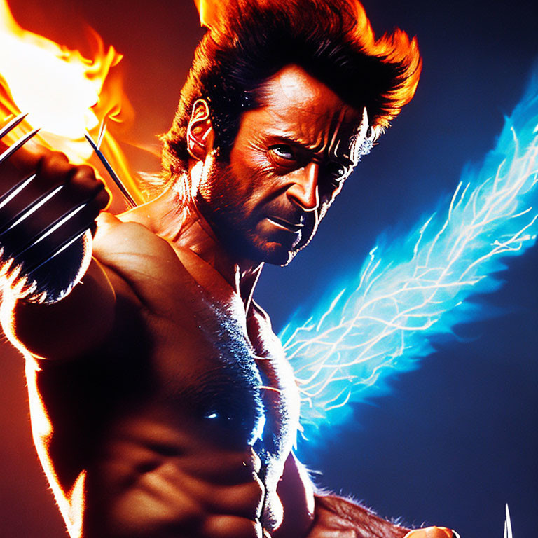 Muscular man with claw-like blades in fiery lightning scene