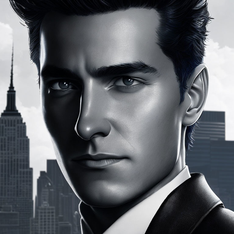 Stylized man with dark hair and blue eyes in suit with skyscrapers.