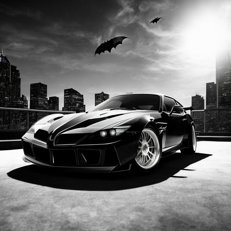 Black Sports Car Overlooking Cityscape with Bat Silhouettes in Monochromatic Filter