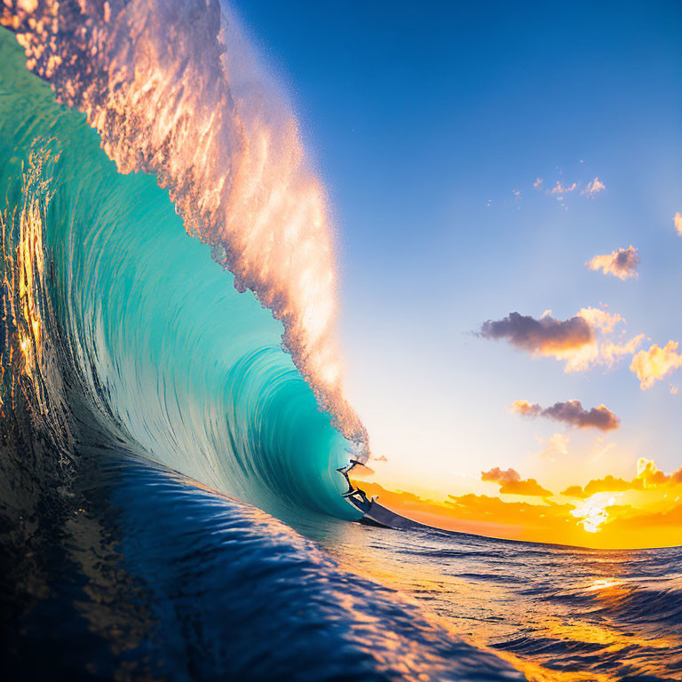 Surfer riding glassy wave at sunset