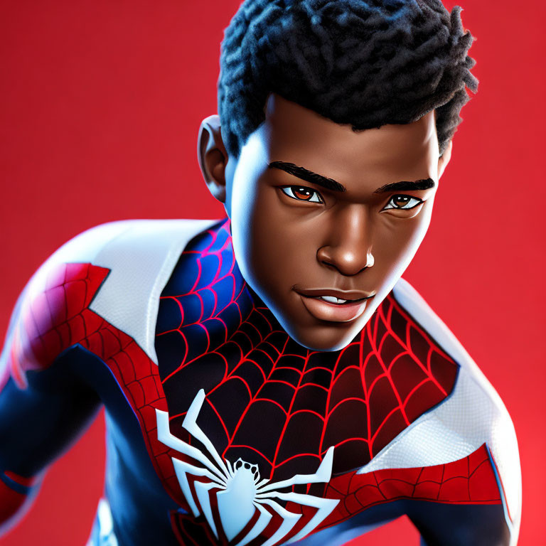 Young male superhero in black and red spider costume with intense look on red background