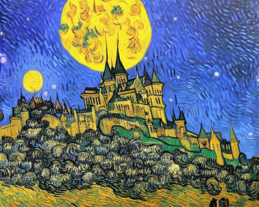 Starry night castle painting with moon and figures