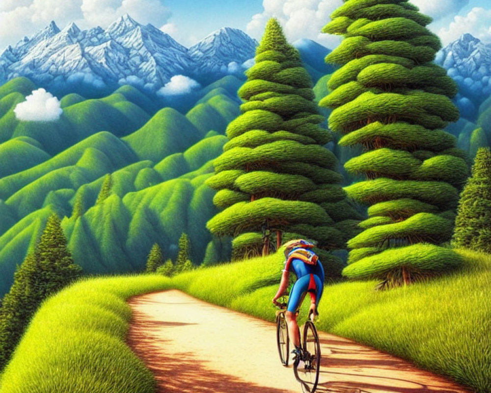 Colorful cyclist rides through whimsical landscape with spiral-topped hills